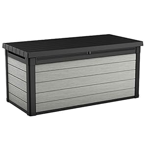 Keter Denali 150 Gallon Resin Large Deck Box with Double Wall 20mm Panels – Paintable and Drillable-Organization and Storage for Patio Storage Box and Outdoor Items, Grey & Black