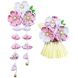 [JZOON] 髪飾り 6カラー 七五三 髪飾り つまみ細工 七五三 753 ヘアアクセサリー 成人式 和装 浴衣 袴 着物 振袖 和装 花 卒業式 結婚式 女の子 鈴付き 手作り 2点セット 可愛い ピンク H4201