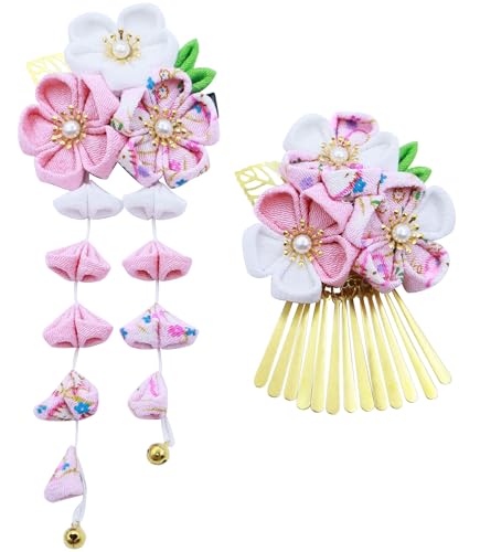 [JZOON] 髪飾り 6カラー 七五三 髪飾り つまみ細工 七五三 753 ヘアアクセサリー 成人式 和装 浴衣 袴 着物 振袖 和装 花 卒業式 結婚式 女の子 鈴付き 手作り 2点セット 可愛い ピンク H4201のサムネイル