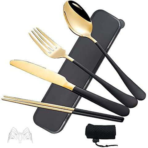 Stainless Steel Cutlery Set with Case, TWUTGAYW Portable Travel Lunch Utensils, Reusable Fork Spoon Knife Chopsticks Set for Office School Travel Camping Picnic Adults Daily Use (Black, Gold) Cover