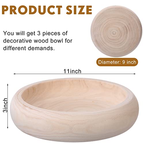3 Pieces Handmade Wooden Decorative Bowl Paulownia Round Wood Bowl Rustic Large Carved Dough Bowls For Decor Coffee Fruit Table Home Wedding Centerpiece, 3'' Tall And 11'' Diameter #TOP1