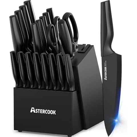 Knife Set, Astercook 21 Pieces Knife Sets for Kitchen with Block, Dishwasher Safe Kitchen Knife Set with Built-in Sharpener, German Stainless Steel Black Knife Block Set Cover