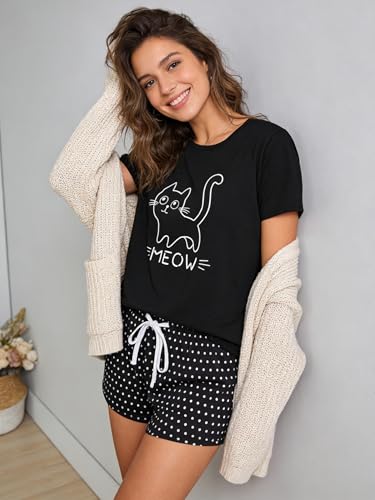 Image of VENTELAN Pajama Set For Women Cute PJS Summer Short Sleeve Shorts Sleepwear