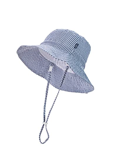 Image of DASMINI Baby & Toddler Wide Brim Sun Hats UPF 50+ Sun Protection Bucket Cap Cute Adjustable Hat in Seersucker