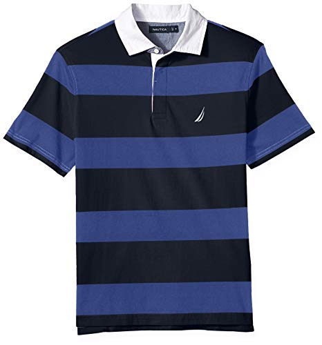 Nautica Men's Classic Fit Short Sleeve 100% Cotton Rugby Stripe Polo Shirt, Navy, Medium