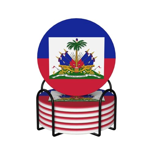 Dessous de Verre en céramique avec Support, Motif Drapeau d'Haïti, Lot de 6, pour Tasses à café et Autres Boissons.