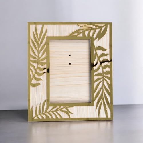 Image of Rectangle Photo Frame | Wooden Decorative Picture Frame with Leaf Laser Cut Border & Clear Acrylic Front | Wall & Tabletop Display | Premium Home Decor & Gift