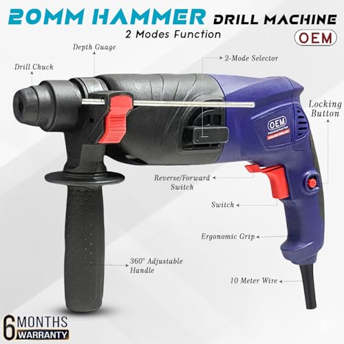 Image of OEM Professional 20mm Rotary Hammer Drill | 500W Heavy-Duty Copper Motor | 2 Modes (Drill /Hammer) | Reverse & Forward Function | 6 Months Warranty | Includes 3 SDS Drill Bits | For Concrete & Brick
