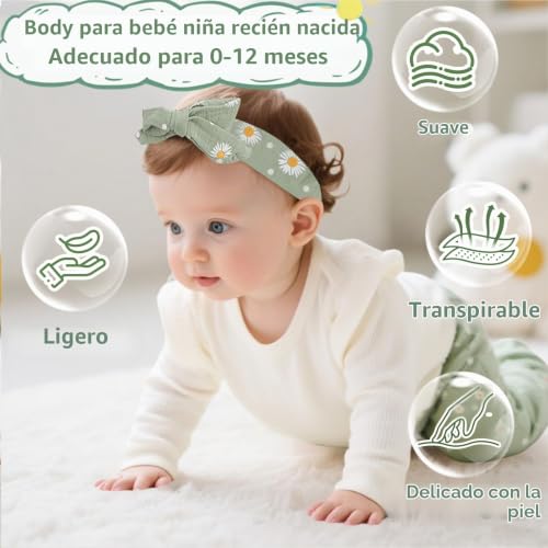 ABOHU 4 Peças Conjunto Roupa Bebé Menina Recém-Nascida, Macacão de Manga Longa com Babados + Calças Florais + Diademas + Conjunto de Cinto, Conjuntos de Roupa para Bebés 0-12 Meses, Branco e verde