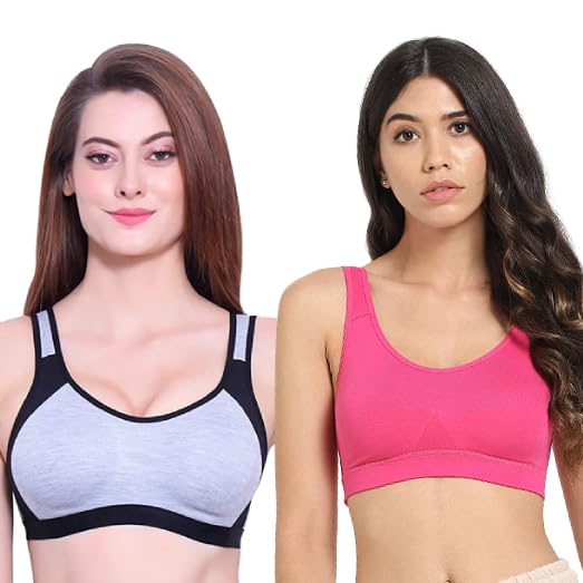 VESY Sports Bra for Women Non Padded Plus Size Wire Free Bra Cotton Full Coverage Bra (Pack of 2)