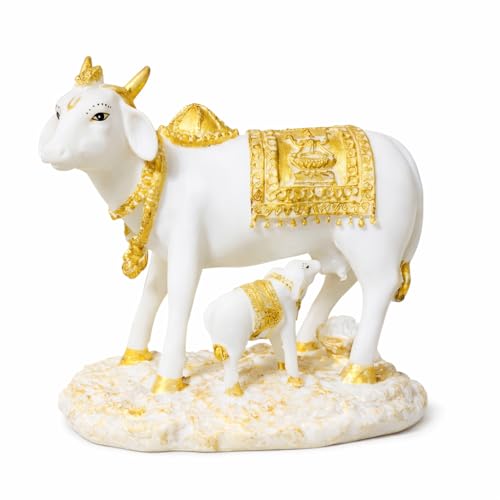 Image of ARMONIA Kamdhenu Cow with Calf Idol for Home Decoration | Dust Marble Finish Polyresin Gau Mata Statue | Vastu & Feng Shui Good Luck Showpiece for Living Room, Pooja Room | Wedding & Housewarming Gift