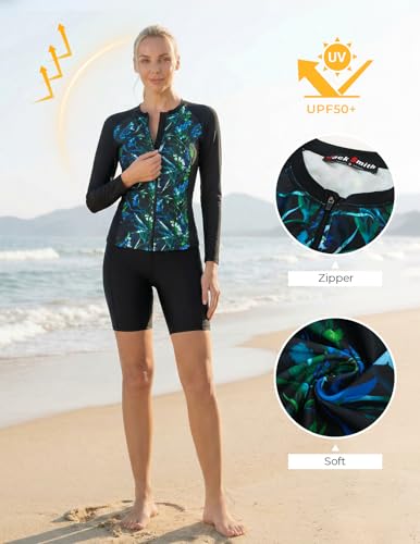 Image of JACK SMITH Women's 3 Piece Long Sleeve Rash Guard Swimsuits Zip Front Bathing Suit Tankini Swimsuits UPF 50