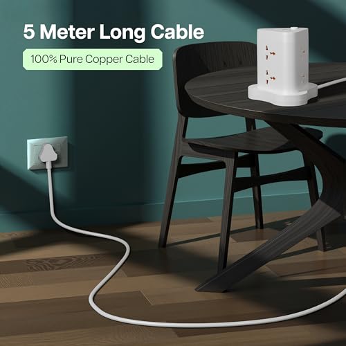 Image of Geonix PowerSpan Fort | Extension Board /Strip, 2500 Watts, 10 Amps, 1x Type C Port, 6X Universal Socket, 2X USB Port, LED Indicator, On /Off Switch, 5mtr Long Pure Copper Cable (White)