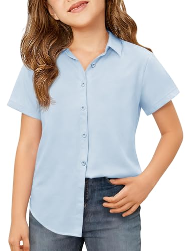Haloumoning Girls Button Down Shirts Kids Summer Short Sleeve Dress Shirts School Uniform Blouse 5-14 Years, Sky Blue, 9-10 Years