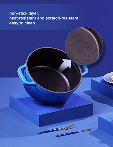 SULIVES Non-Stick Enamel Cast Iron Dutch Oven Pot with Lid Suitable for bread baking use on gas electric oven 5 Quart for 4-6 people(Dark Blue)