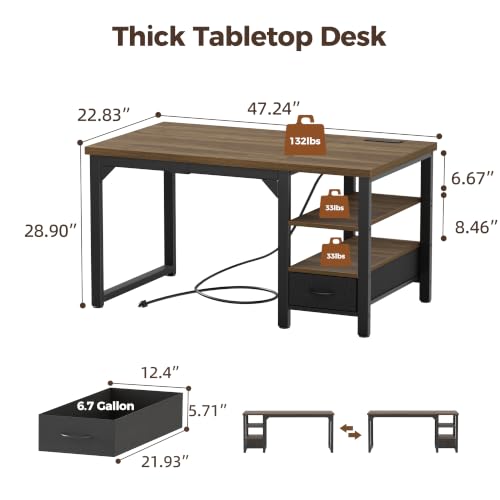 Image of Mericonia 48 inch Computer Desk with Drawer, 1.2 inch Thick Reversible Office Desk | Modern Writing Table with Power Outlets & Storage Shelves, Heavy Duty Industrial Study Desk for Home Bedroom Work