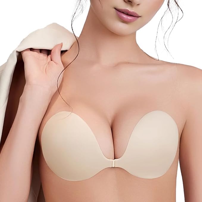 Adhesive Bra Reusable Strapless Self Silicone Push-up Invisible Sticky Bras for Backless Dress Skin Colour