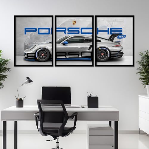 Image of ARTELLY Big Porsche 911 GT3rs Sports Car Framed Wall Posters, Set of 3, Premium Framed Painting, Living Room Bedroom Decoration, Large Size Gift Item for Boys Room Decor (Porsche 1, 19x25 inch)