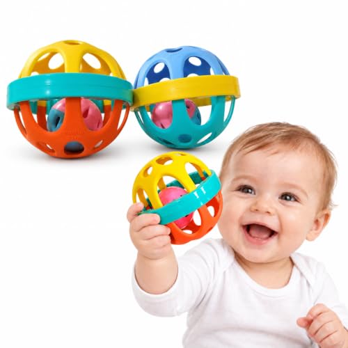 Image of BabyGo Baby Rattle Ball Toy Set for 0 to 12 Months | Newborn Baby Toys | Easy-Grip Soft Sound Sensory Rattles for Infants | Baby Shower Gift | 2 Pcs | Multicolour