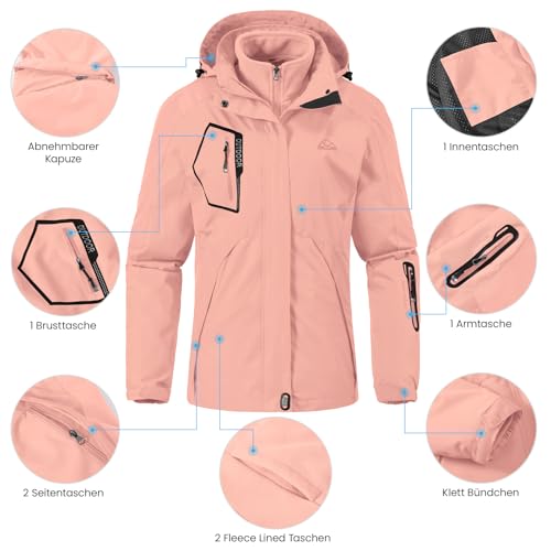 donhobo Damen Jacken 3-in-1 Fleece Gefüttert Winterjacke Winddicht Warm Verdickte Softshelljacke Wasserdicht Outdoor Wanderjacke Funktionsjacke Pink S