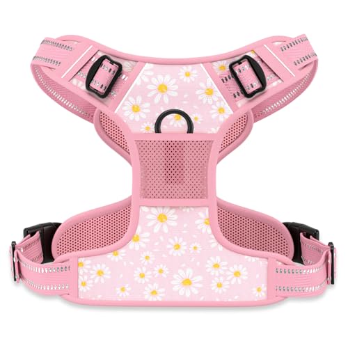 Rnivvi No Pull Dog Harness, Cute Flower Reflective Medium Sized Puppy Harness, Adjustable Soft Padded Vest for Medium Dogs, Heavy Duty Pet Vest with Easy Control Handle for Walking, Pink Floral