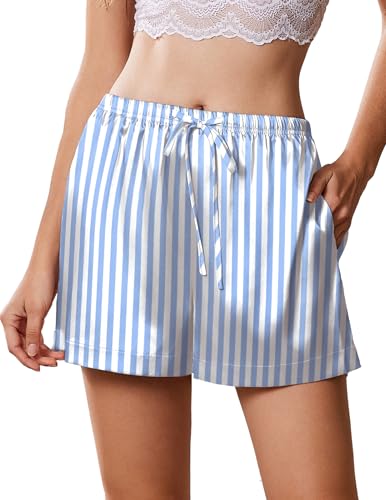 Image of Ekouaer Womens Silk Satin Pajama Short 2026 Summer Casual Sleep Shorts Lounge Sleep Pj Short with Pockets Soft Lounge Shorts