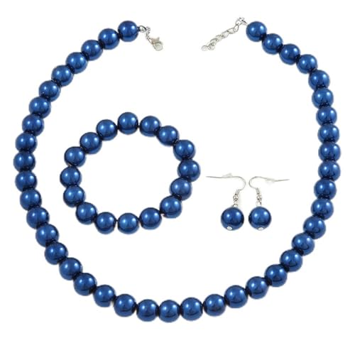 Collar de cuentas de cristal azul de 46 cm largo pulsera adaptable y pendientes juego 1