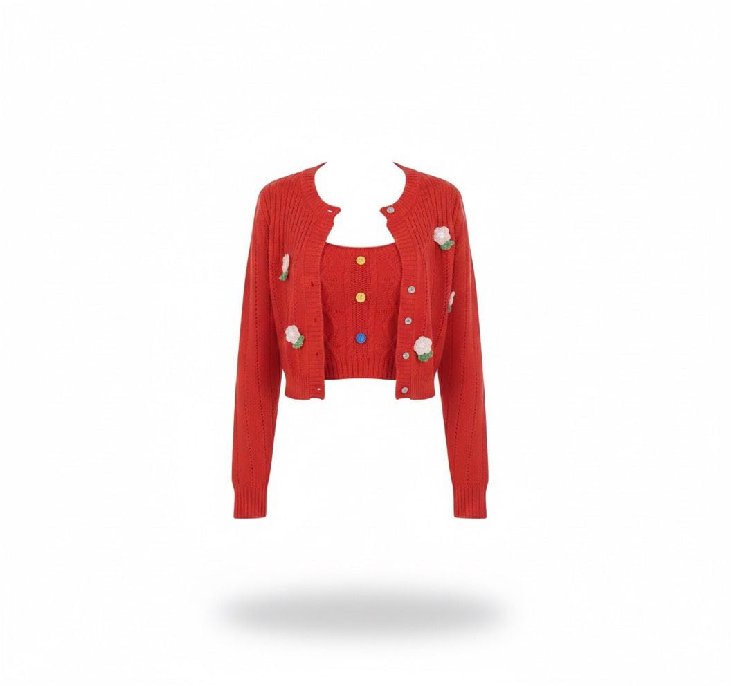 Red Ribbed Knit Cardigan with Floral Embellishments, Long Sleeve Button Front Sweater Set-image-13