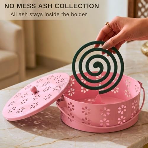 Image of DSH Metal Mosquito Coil Holder with Lid & Handle Ash Catcher Stand for Mosquito Coil Indoor Outdoor Safe Use (Pink)