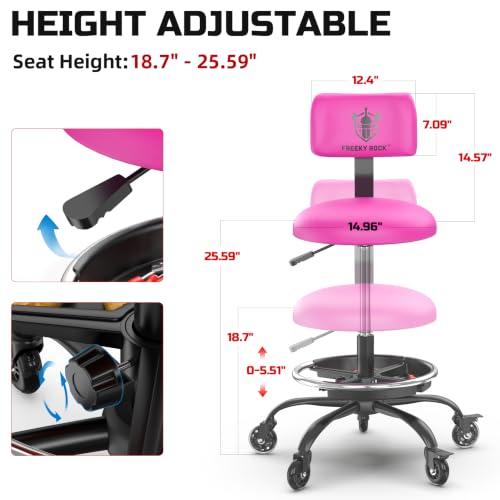 Image of Rolling Shop Stool with Wheels, Garage Stool Chair, Pink