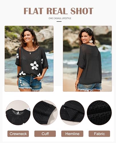 Image of SELINK Flower Crochet Tops for Women Short Sleeve Hollow Out Sweaters Swimsuit Cover Ups Lightweight Knit Pullover