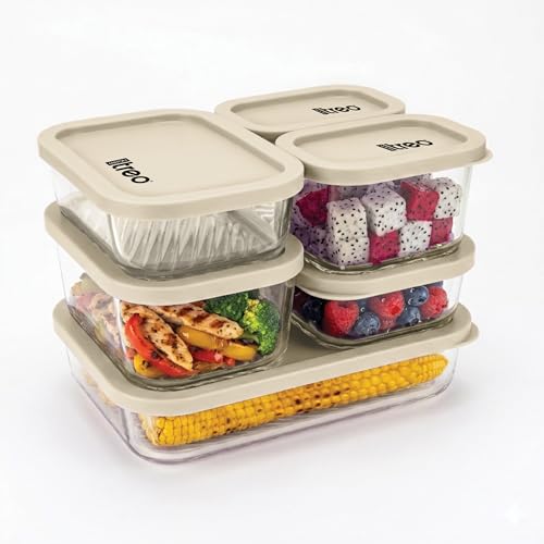 Image of Treo By Milton Nutri Borosilicate Glass Containers for Fridge Storage Set of 6 (1 x 1200ml, 1 x 750ml, 2 x 520ml, 2 x 310ml) Stackable Glass Container with Lid, Microwave & Dishwasher Safe, Beige