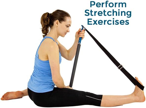 Woman using the Teeter T3 Massager with the included strap for stretching exercises.