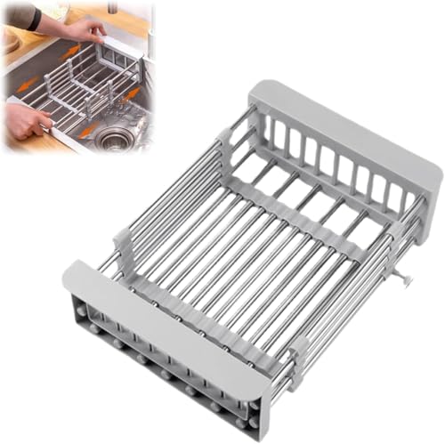 Extend Kitchen Sink Drain Basket Heavy Duty Kitchen Counter Sink Drainer Stainless Steel Sink Basket Strainer for Kitchen (SILVE
