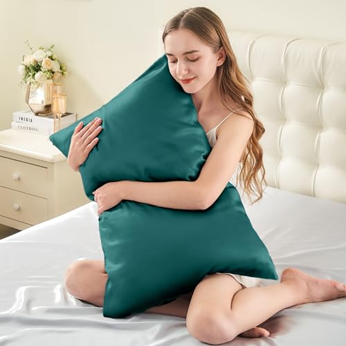 Image of INFIIXSO Silk Pillow Cases 2 Pack Standard Size, Ultra Smooth & Soft Mulberry Silk Pillow Case for Hair and Skin, Breathable Cooling Silk Pillowcase with Hidden Zipper (Teal, 20x26 Inches)