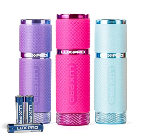 LUXPRO 3 Pack Mini Flashlights - LP395 Gel Glow in Dark - Aluminum LED Flashlights with Maximum Brightness of 40 Lumens - IPX4 Water Resistant - 3 AAA Batteries Included - Pink, Purple, Teal