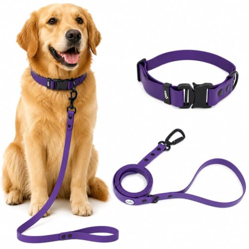 Image of Adil's Biothane Waterproof Dog Collar, Dog Leash & Collar Leash Combo | Heavy Duty TPU Coated Webbing | Adjustable Quick Release Buckle | Odour Resistant (Purple, M-18, Collar & Leash Combo)