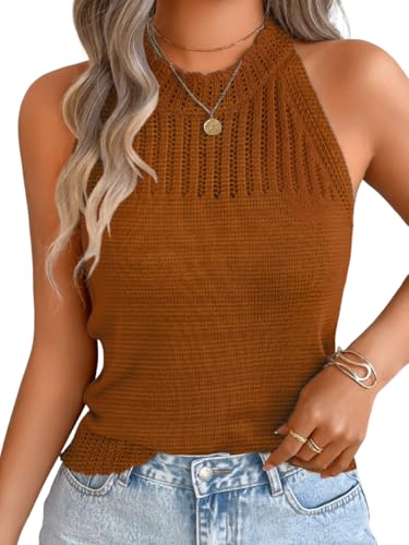 Image of ChiaoLezhee Women's Summer Knit Tank Tops, Racerback High Neck Lightweight Sweater Vest, Dressy Casual Outfits