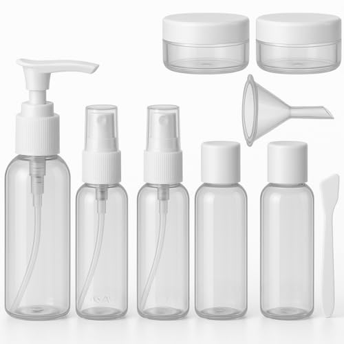 Frascos para Viagem Kit 9 Peças com Estojo Transparente Ideal para Shampoo Condicionador Sabonte Líquido Cremes Hidratante com Funil para Encher Recipientes Cosméticos (Branco)