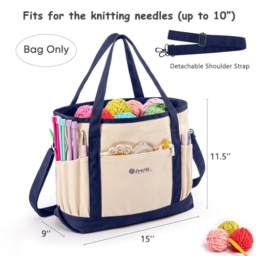 Image of MYBAGZING Canvas Yarn Storage Organizer Bag Washable Crochet Bag with Pockets for Yarn, Hooks, Needles - Travel Knitting Tote for Crafters - Gift for Crocheters & Knitters (Medium /Large)