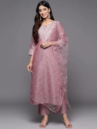 Image of Royal Export Women's Poly Silk Embroidered Yoke Design Kurta Pant Set with Dupatta