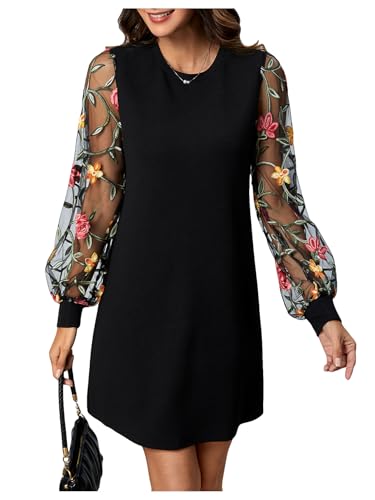 MakeMeChic Women's Fall Long Sleeve Floral Sheer Dress Wedding Guest Mesh Crew Neck Lace Black Mini Dresses Black Multi Large