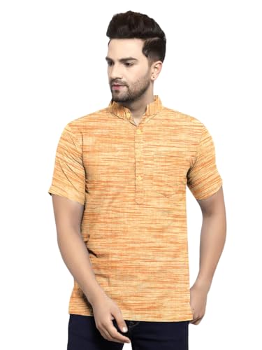 Image of Men's Regular Fit Self-Design Solid Mandarin Collar Half Sleeve Casual Line Pure Cotton Blend Fancy Shirt (Multi-Color)