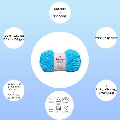Image of Cuddly Velvet Chenille Yarn, Super Soft Fluffy Bulky for Knitting Crocheting Blanket Amigurumi, Durable for Shedding, 100 Gram (3.53 Ounces) 109 Yards (100 Meters) (Cyan Blue) (3 Skeins)