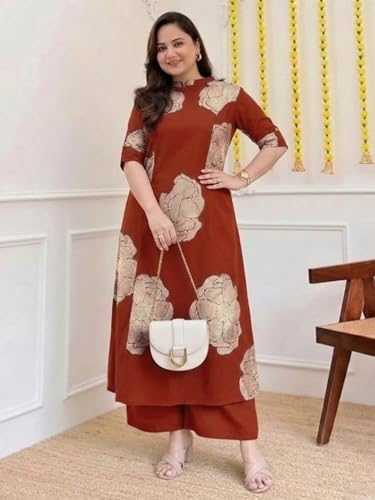 Image of ANNI Designer Women Viscose Blend Straight Fit Printed Kurta Palazzo Set | Mandarin Neck Outfit | Lightweight Breathable Fabric | Comfortable Elegant Styling for Office Casual Wear