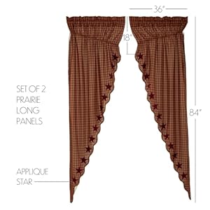 VHC Brands Star Cotton Primitive Curtains Rod Pocket Drawstring Ties Appliqued Prairie Panel Pair, Burgundy Red VHC Brands Star Cotton Primitive Curtains Rod Pocket Drawstring Ties Appliqued Prairie Panel Pair Burgundy Red