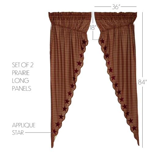 VHC-Brands-Star-Cotton-Primitive-Curtains-Rod-Pocket-Drawstring-Ties-Appliqued-Prairie-Panel-Pair-Burgundy-Red VHC Brands Star Cotton Primitive Curtains Rod Pocket Drawstring Ties Appliqued Prairie Panel Pair Burgundy Red