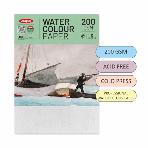 Image of Anupam Professional Watercolour Paper | A5 (21X15CM) 200 GSM Cold Pressed Paper |Acid-Free 20 Sheets| Ideal for Artist, Professional Drawing, Painting Dry & Wet, Fine Art, School, Students