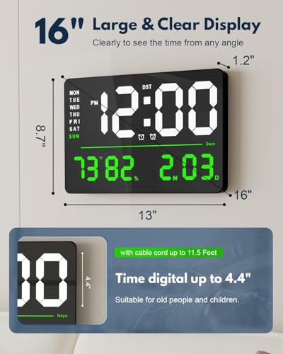 Image of Digital LARGE Wall Clock, Digital Clock Large Display, Dual Alarms, Automatic Brightness Dimmer- Easy Track The Time, Date, Day of Week and Temperature, with Remote Control (16 inch SQUARE GREEN &WHITE)