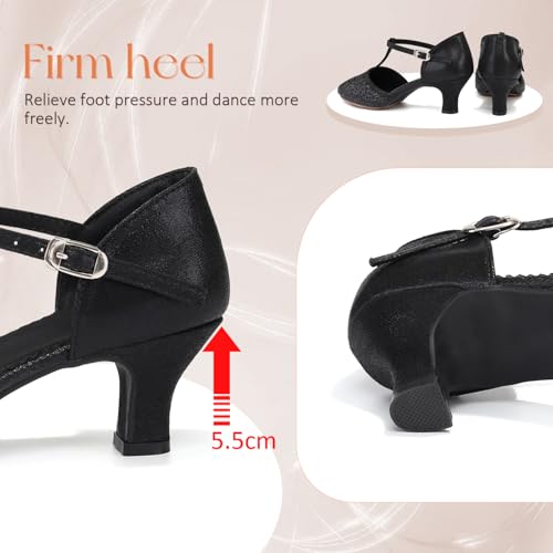 Women Latin Dance Shoes Sequin Closed Toe T-Strap Ballroom Salsa Tango Party Performance Dance Shoes,Model FT-1353